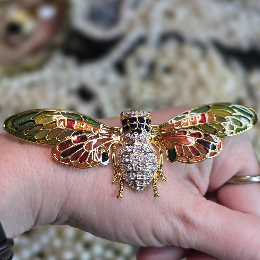 Vintage Joan Rivers Cicada Bug Plique-a-Jour Stain Glass & Crystal Pin Brooch
